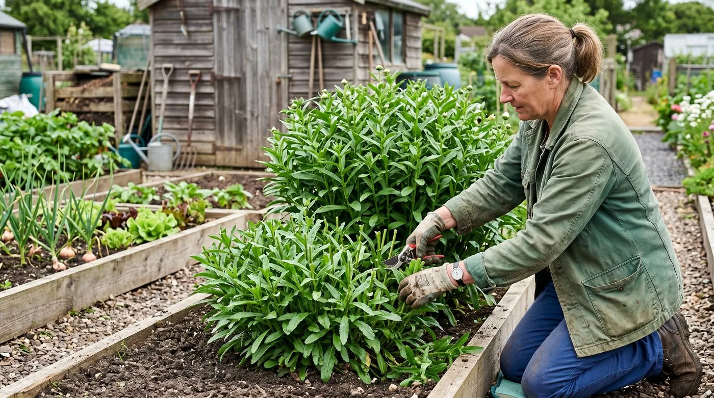 A gardener doing the Chelsea chop on a Shasta daisy clump in late May, cutting the front half shorter than the back
