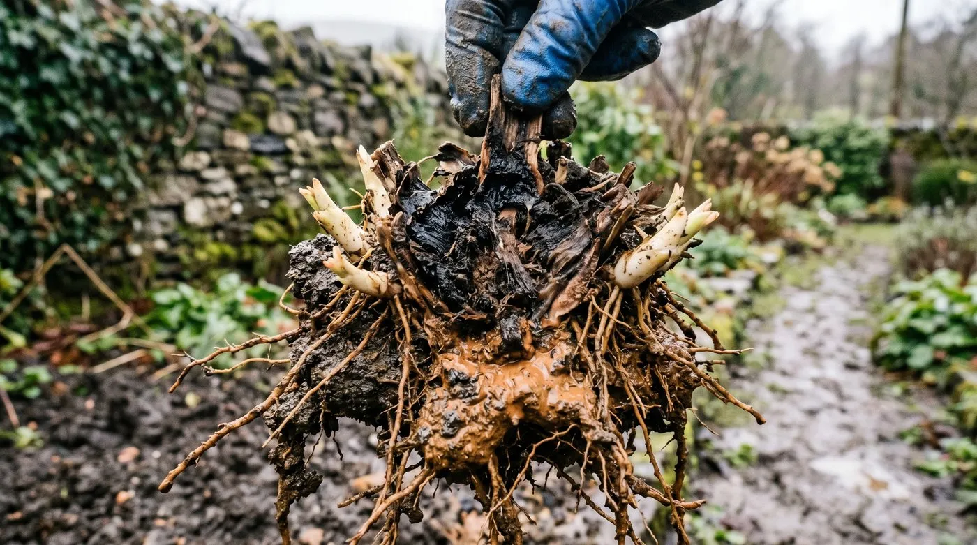 A rotting Shasta daisy crown lifted from waterlogged clay, the woody centre blackened while outer offsets stay firm