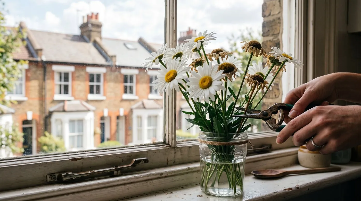 A jam jar of cut white Shasta daisies on a windowsill with a London terraced street visible through the glass