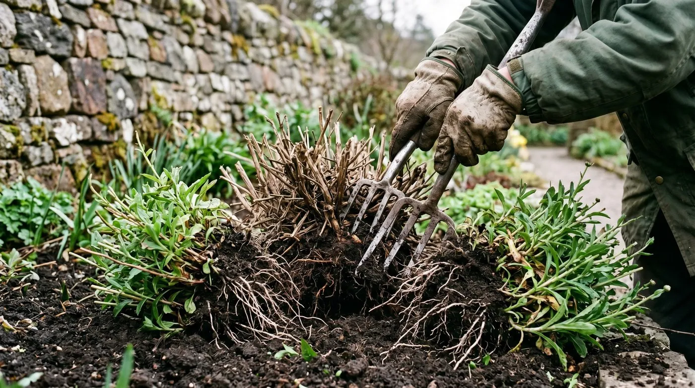 Hands dividing a congested woody Shasta daisy clump with two back-to-back forks in early spring