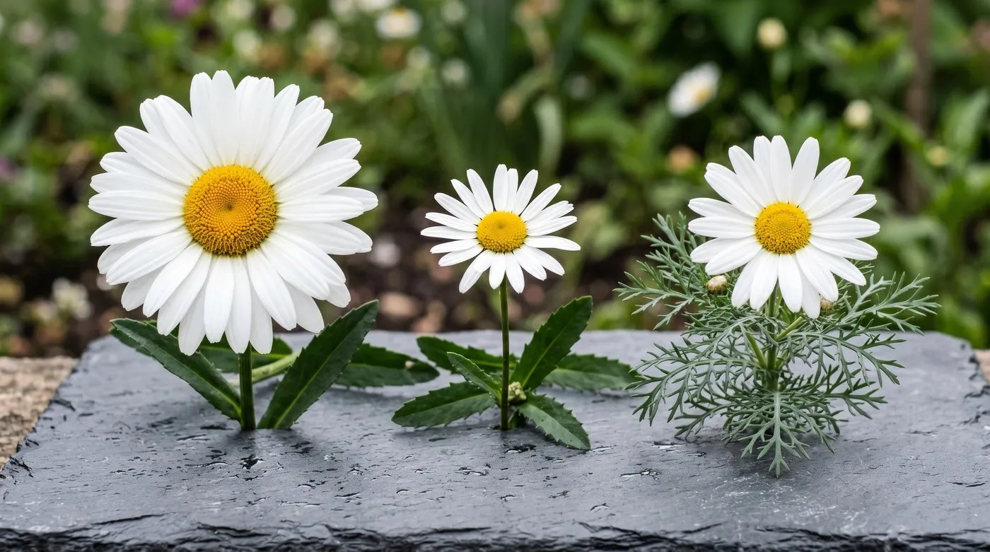 Close-up comparing a large Shasta daisy, a wild ox-eye daisy and a tender marguerite side by side on slate