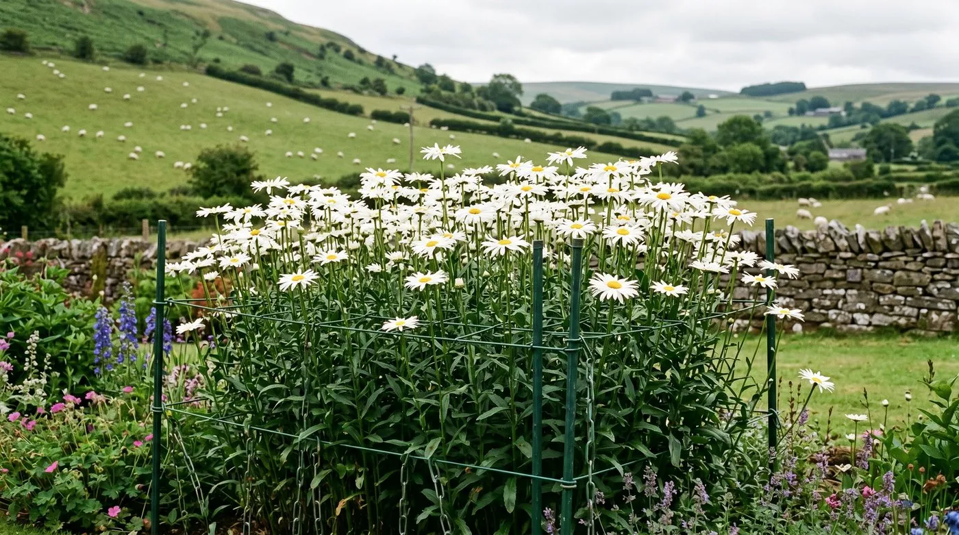 Tall Shasta daisy Becky supported by green link stakes in a Welsh valley cottage garden with sheep beyond