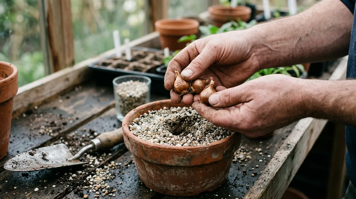 Hands holding small papery Leucocoryne bulbs above a pot of gritty compost on greenhouse staging