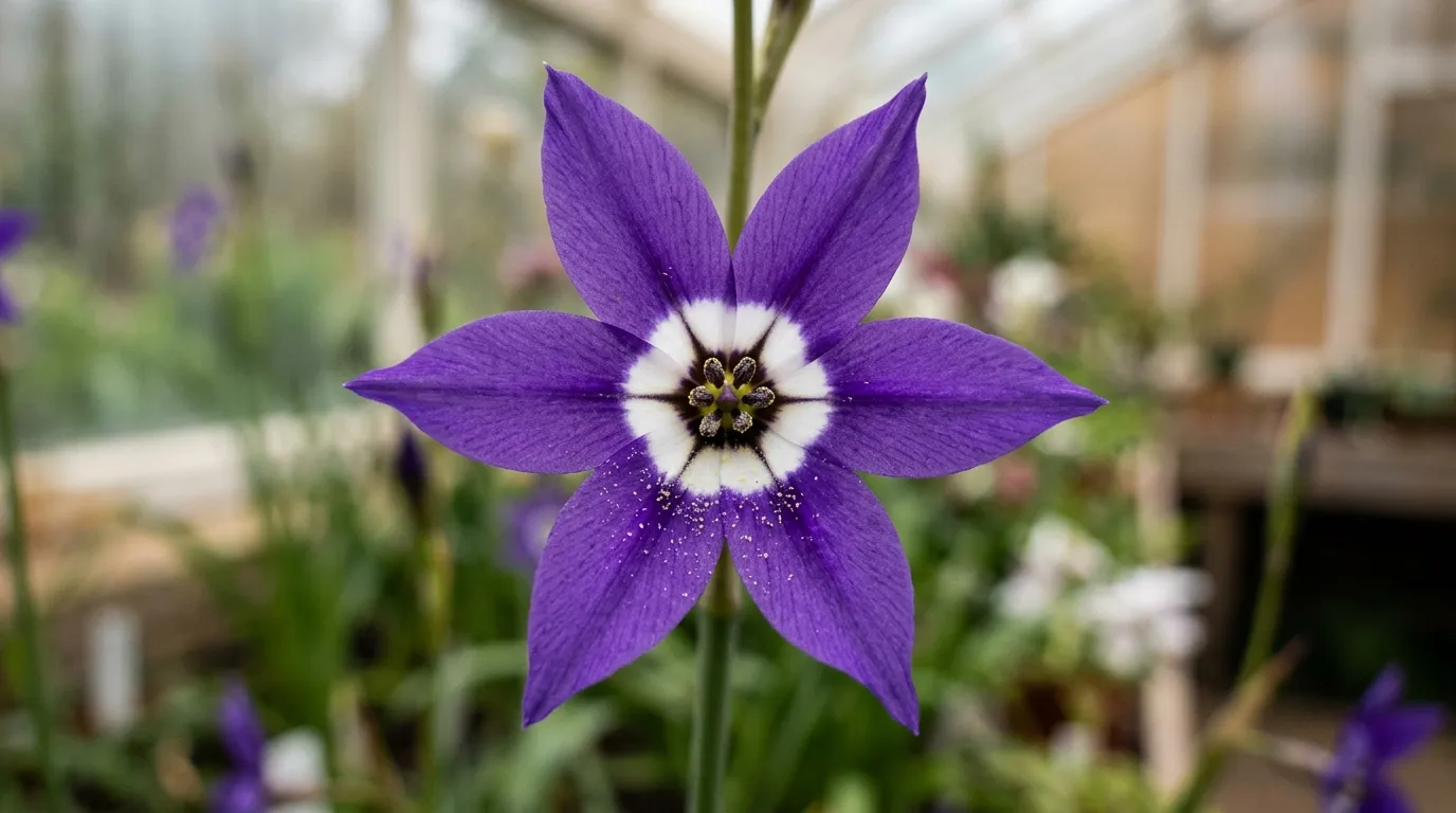 Macro detail of a violet-purple Leucocoryne flower showing the contrasting white and dark central eye