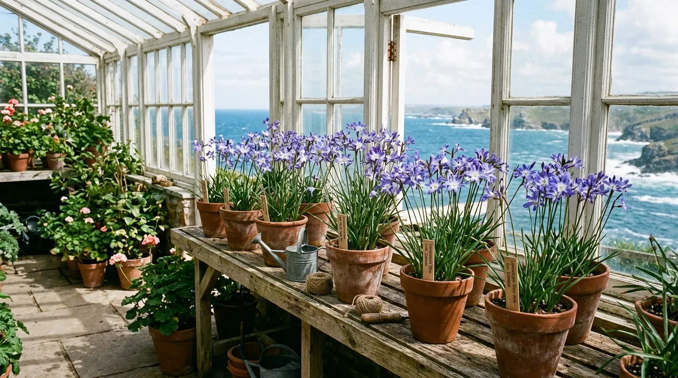 Display of potted Leucocoryne in flower on timber staging in a bright Cornwall coastal greenhouse