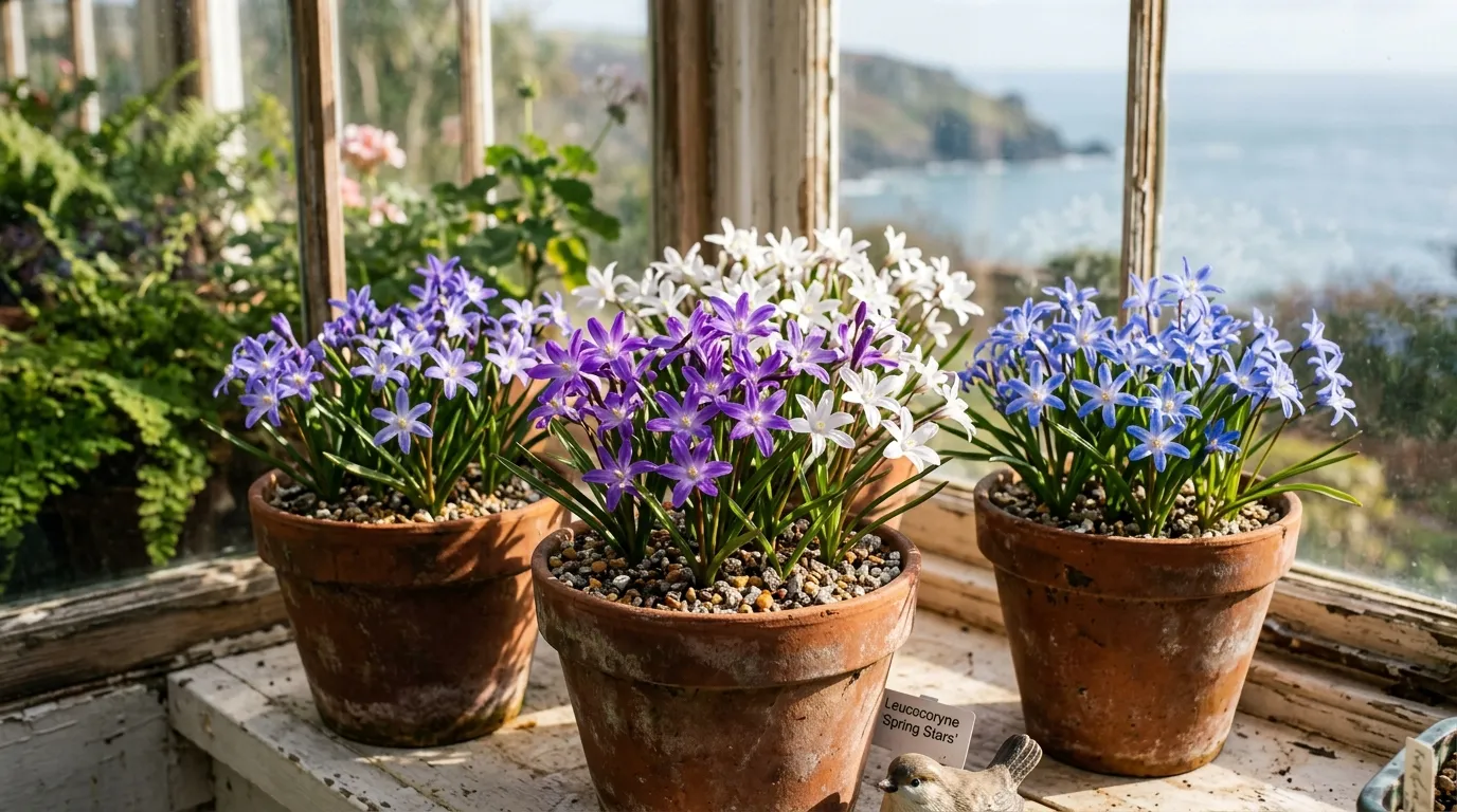 Grouping of three terracotta pots of Leucocoryne in spring flower on a cool conservatory windowsill