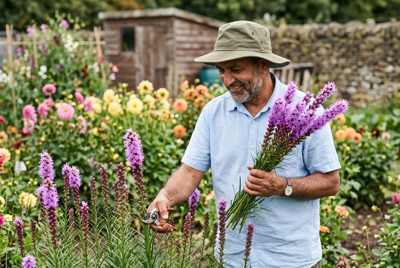 A South Asian man in his fifties cutting tall violet liatris spikes for a vase on an allotment cut-flower patch