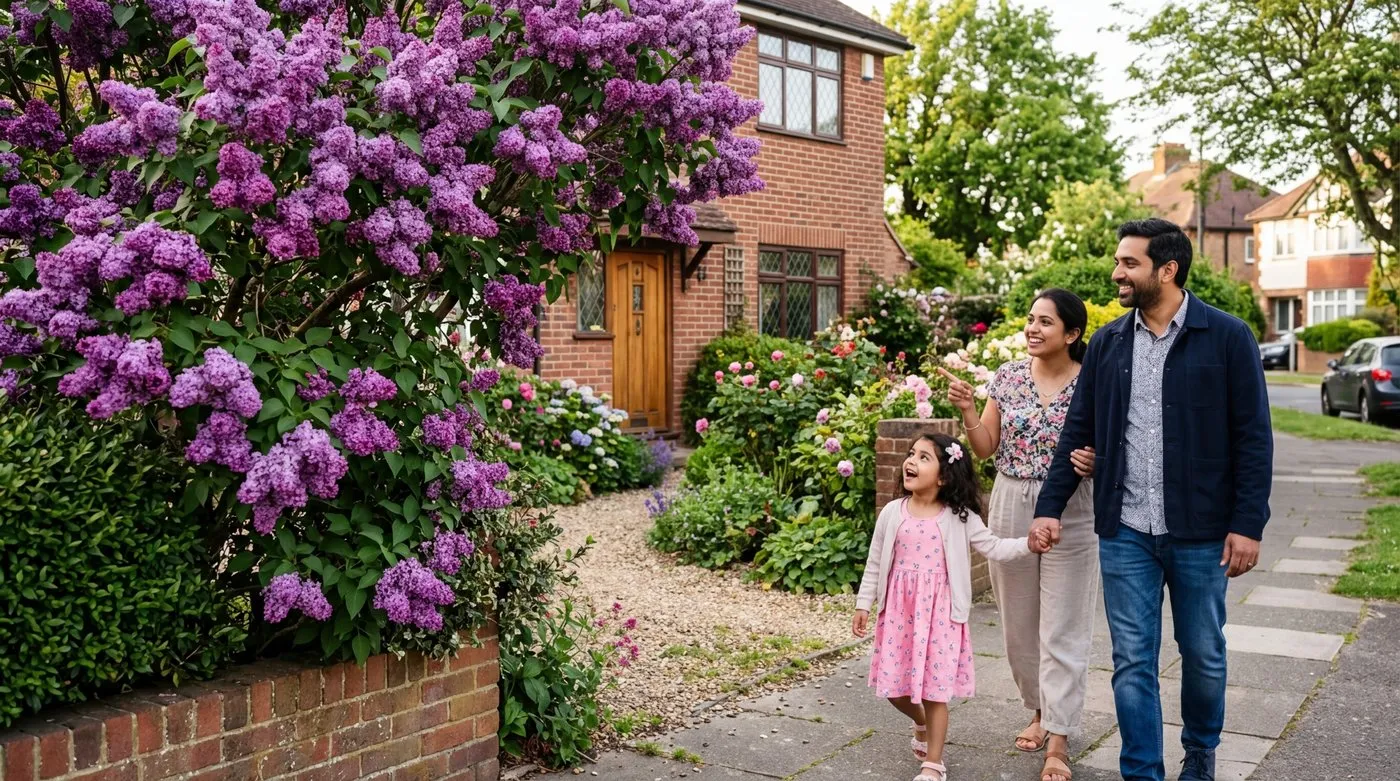 Lilac growing in full purple bloom in a UK suburban front garden with a family admiring the flowers