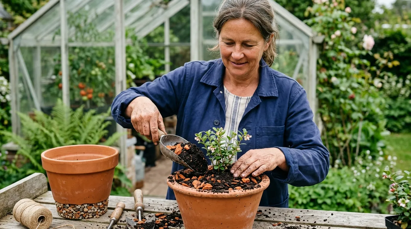 A UK gardener planting a young lingonberry into a 30cm terracotta pot on a wooden potting bench with peat-free ericaceous compost and pine bark visible