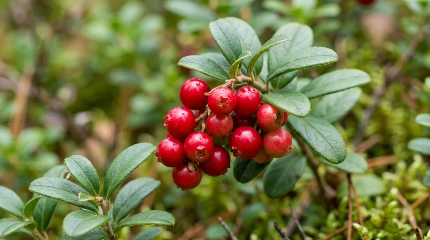 A close-up cluster of ripe lingonberries on the plant, scarlet berries with glossy waxy skin among small dark green oval leaves