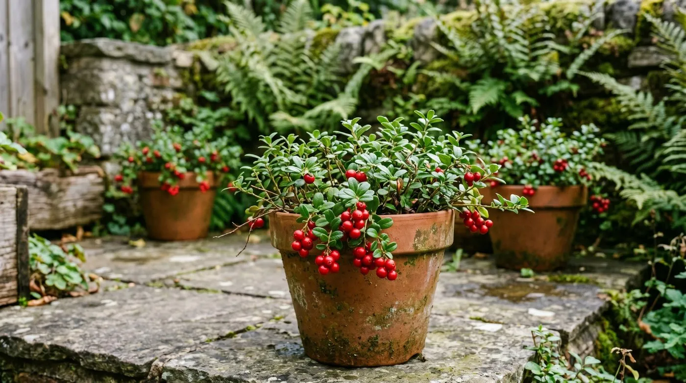 Established lingonberry plants in terracotta pots on a UK patio, clusters of scarlet berries hanging on glossy evergreen foliage in late summer light