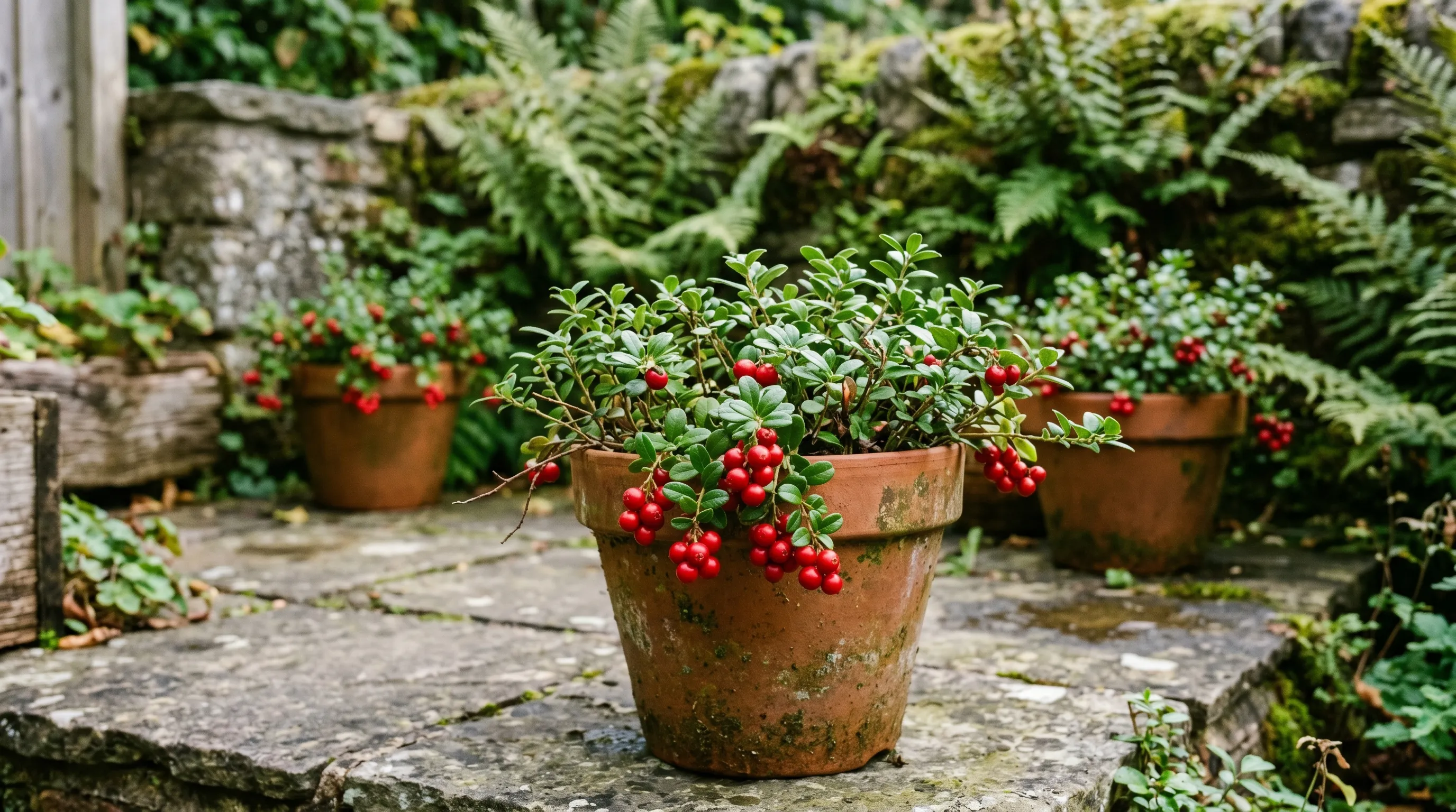 Established lingonberry plants in terracotta pots on a UK patio, clusters of scarlet berries hanging on glossy evergreen foliage in late summer light