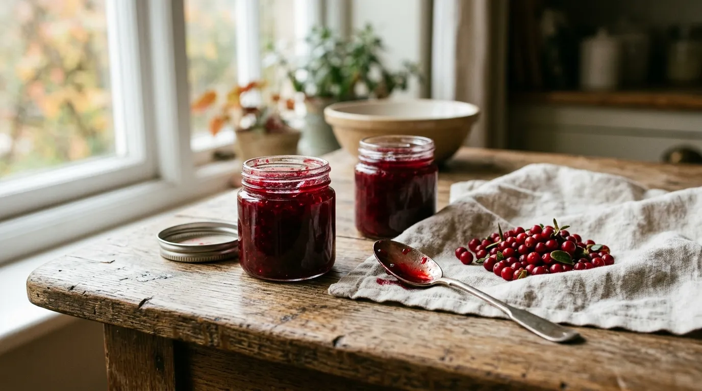 A pair of small glass jars filled with deep scarlet lingonberry jam on an old wooden kitchen table beside fresh-picked lingonberries on a linen cloth in soft UK autumn light