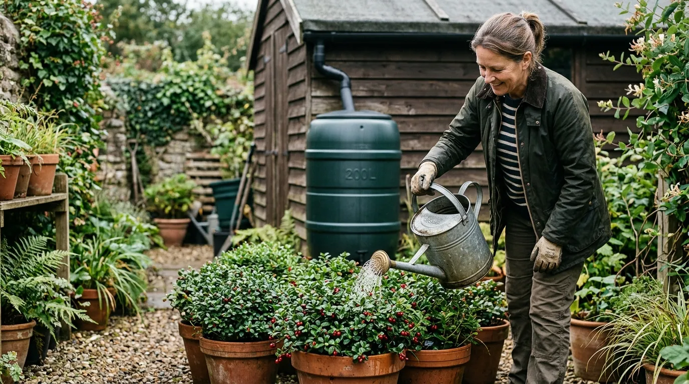 A UK gardener watering lingonberry pots from a metal watering can filled from a water butt, with established lingonberry foliage in the foreground