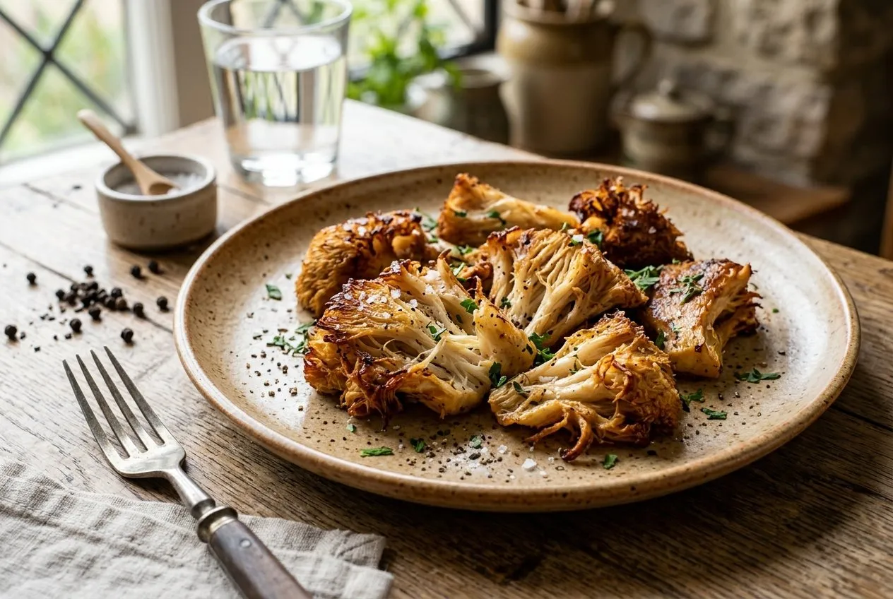 A plate of pan-fried lion's mane mushroom pieces with golden edges on a UK kitchen table, the cooked texture resembling crab meat, a fork resting alongside