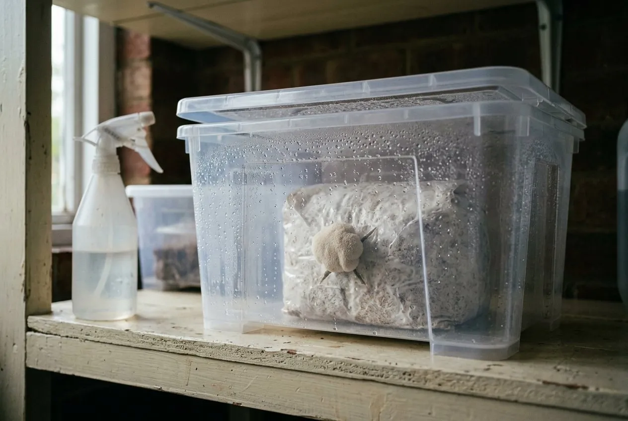 A clear plastic fruiting box on a shaded UK utility room shelf, lid slightly ajar, with a lion's mane block inside misted with visible water droplets on the walls