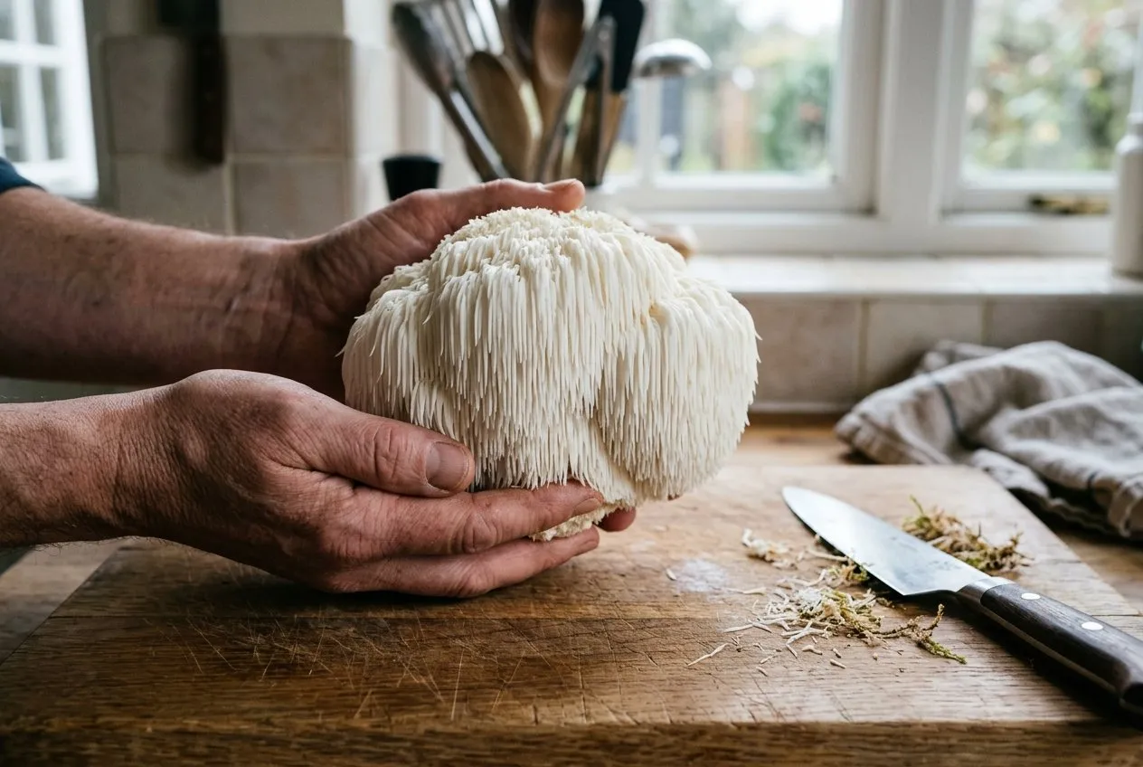 A mature pure-white lion's mane mushroom held in two hands over a wooden chopping board in a UK kitchen, the long spines hanging straight and even, ready to harvest