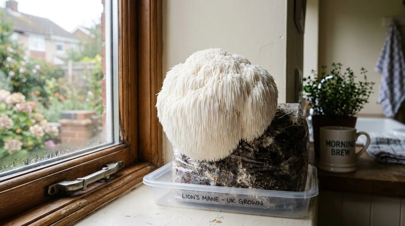 A mature white toothed lion's mane mushroom (Hericium erinaceus) fruiting from a sawdust block on a UK kitchen windowsill, its long icicle-like spines fully formed