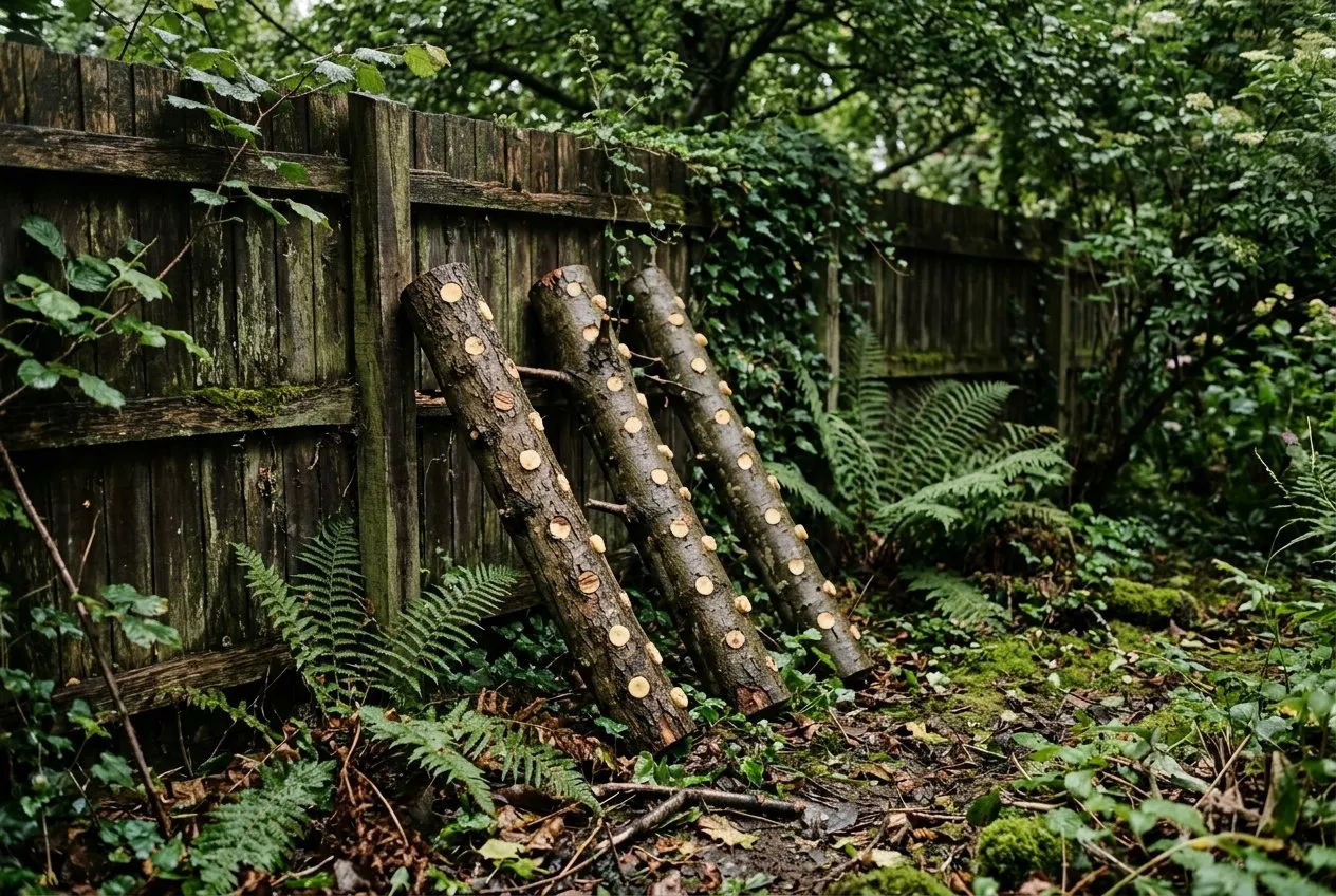 Three freshly inoculated beech logs leaning against a shaded north-facing fence in a UK garden, white wax seals visible over the dowel holes, ferns growing at the base