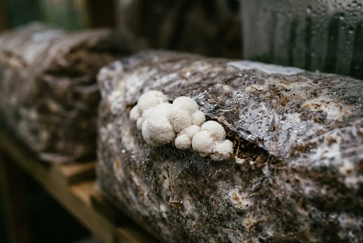 A close-up of early white pinning on a lion's mane block, small knobbly cushions of mycelium emerging from a cut in the bag, photographed under soft indirect light