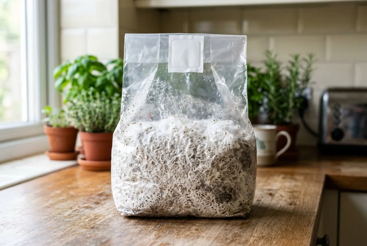 A 2.5kg lion's mane sawdust block in a filter-patch grow bag on a UK kitchen worktop, fully colonised white mycelium visible through the plastic, ready to open and fruit