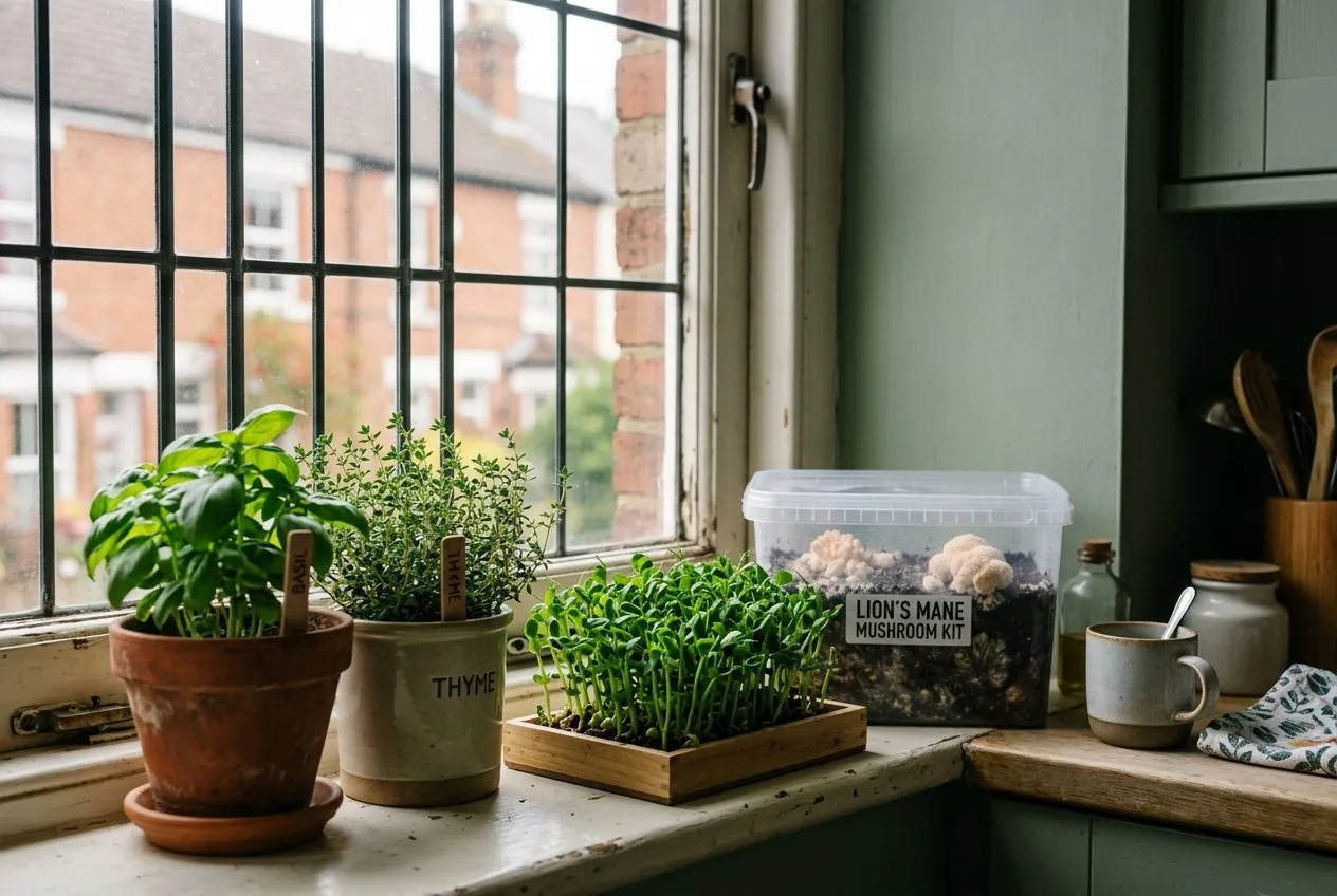 A windowsill arrangement of a small lion's mane kit beside herbs and a tray of microgreens in a UK kitchen, showing how the mushroom fits a small indoor growing setup