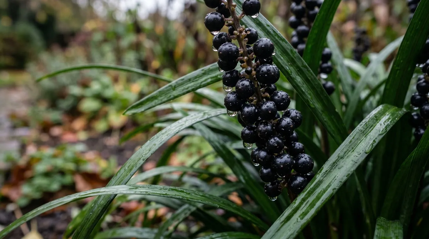 Glossy black berries of liriope clustered on a spike among strappy evergreen leaves in autumn