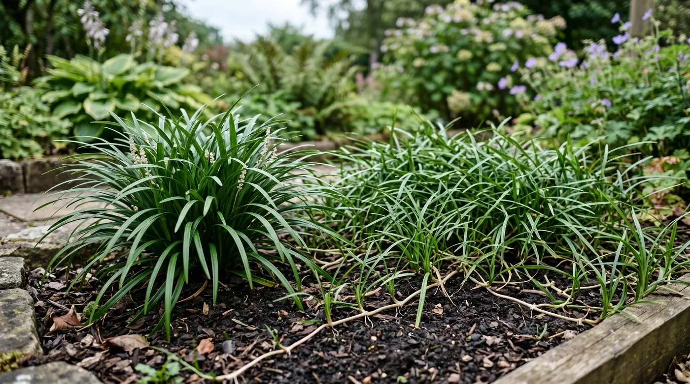 Tidy clump-forming Liriope muscari beside a spreading running mat of Liriope spicata showing the difference in habit