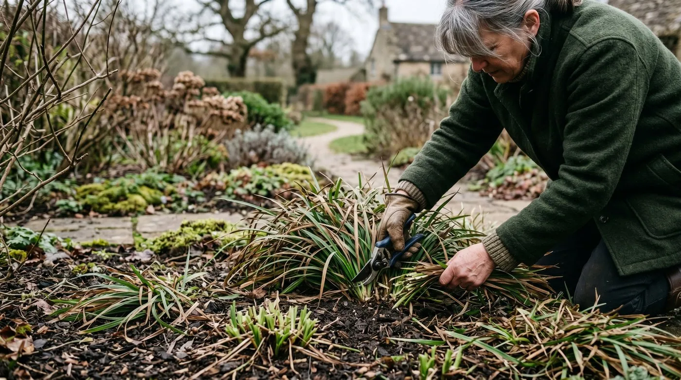 A gardener shearing tired old liriope foliage to ground level with hand shears in late winter, fresh crowns exposed