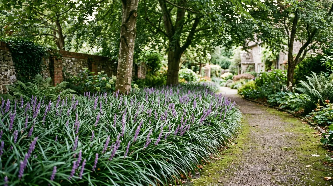 Mass-planted liriope forming an evergreen ground cover carpet along a shaded path under trees in a UK town garden