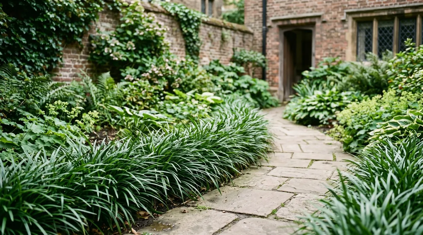 Liriope planted as a neat low evergreen edging along a stone path in a shady UK city courtyard garden