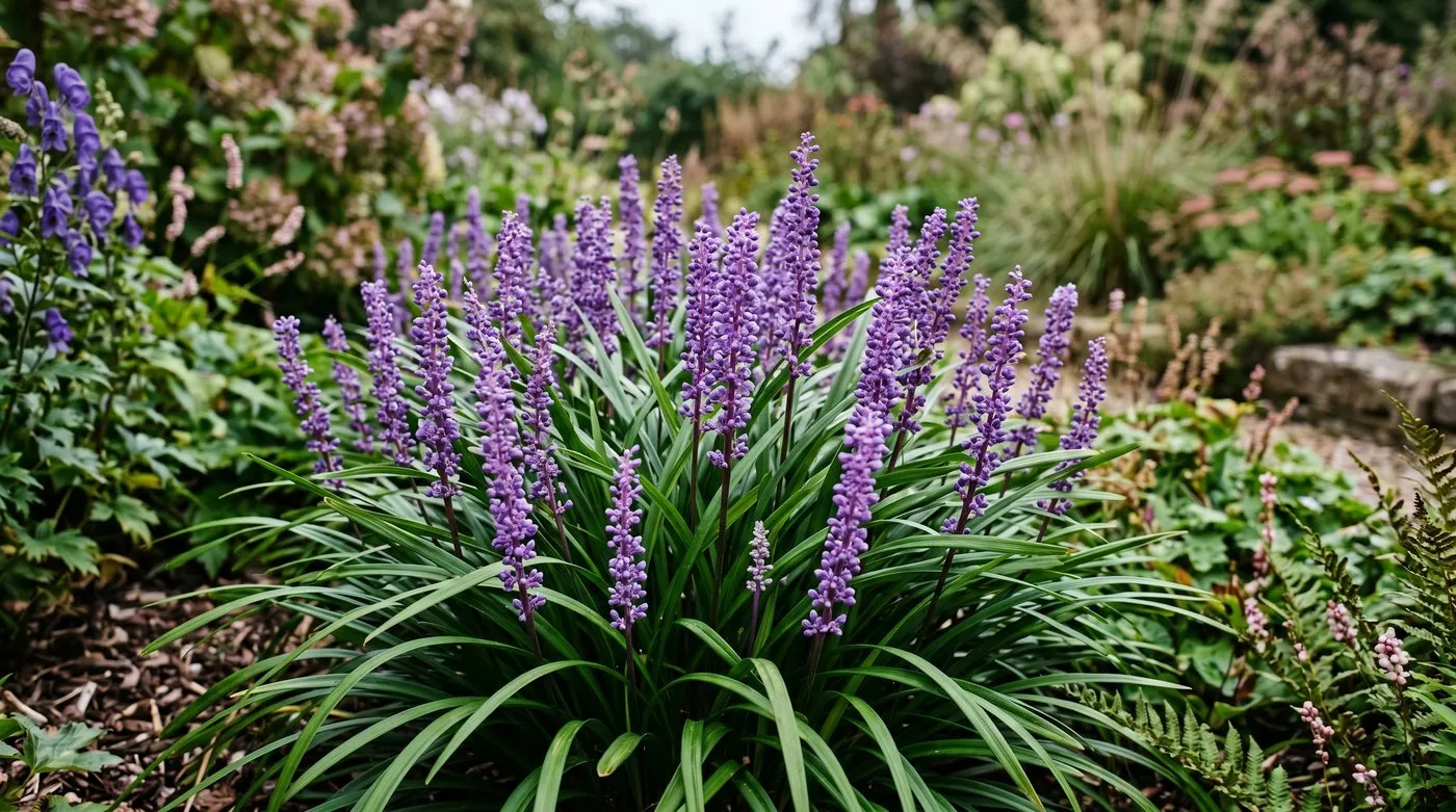 Violet flower spikes of Liriope muscari rising among glossy strappy evergreen leaves in autumn