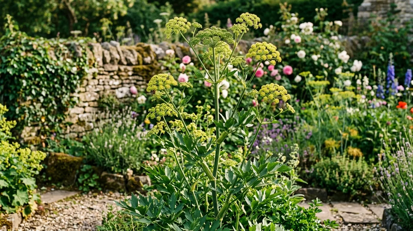 Tall lovage plant with yellow-green umbel flowers growing in a UK cottage herb garden