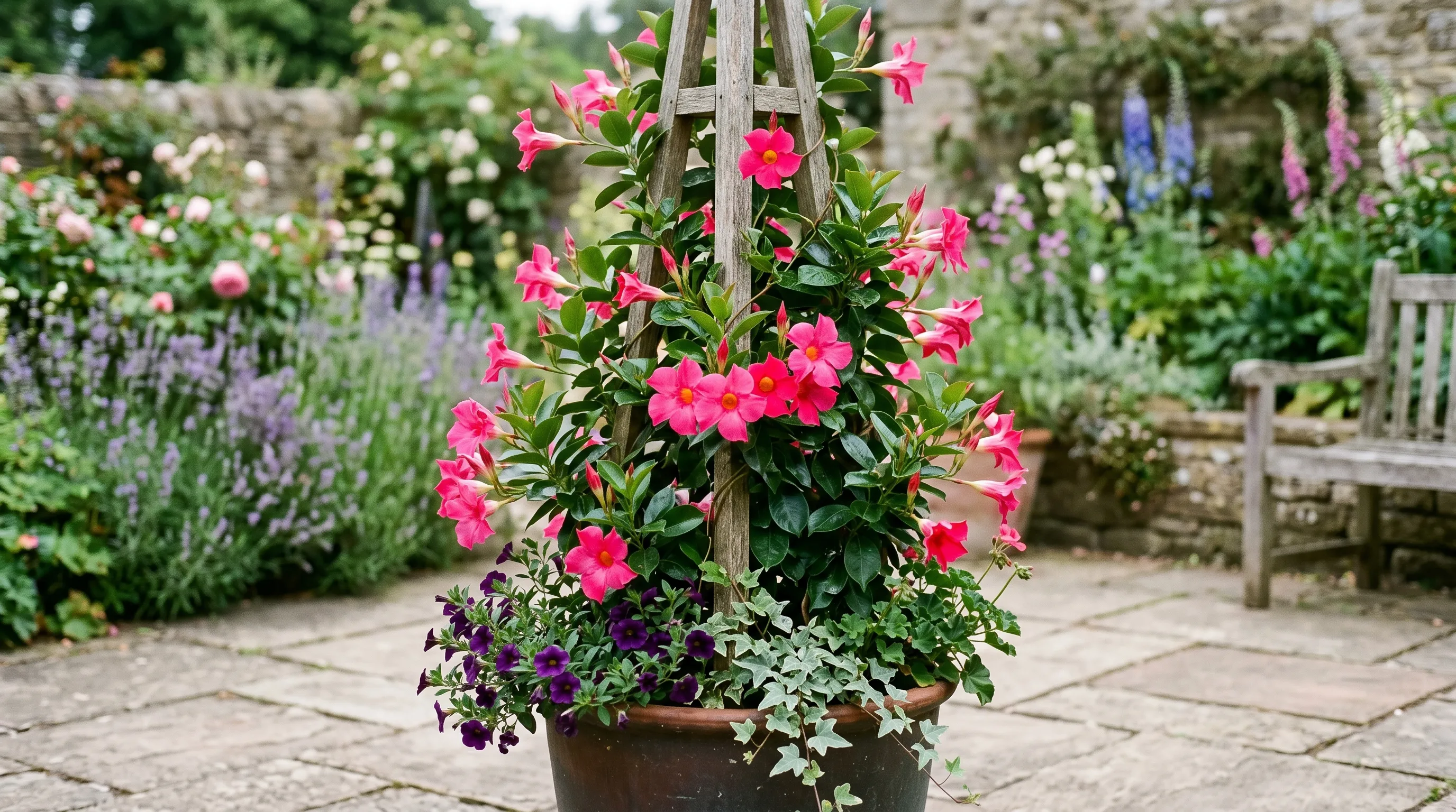 A UK patio container showing a Mandevilla climbing plant with bright pink trumpet flowers growing up a wooden obelisk in midsummer
