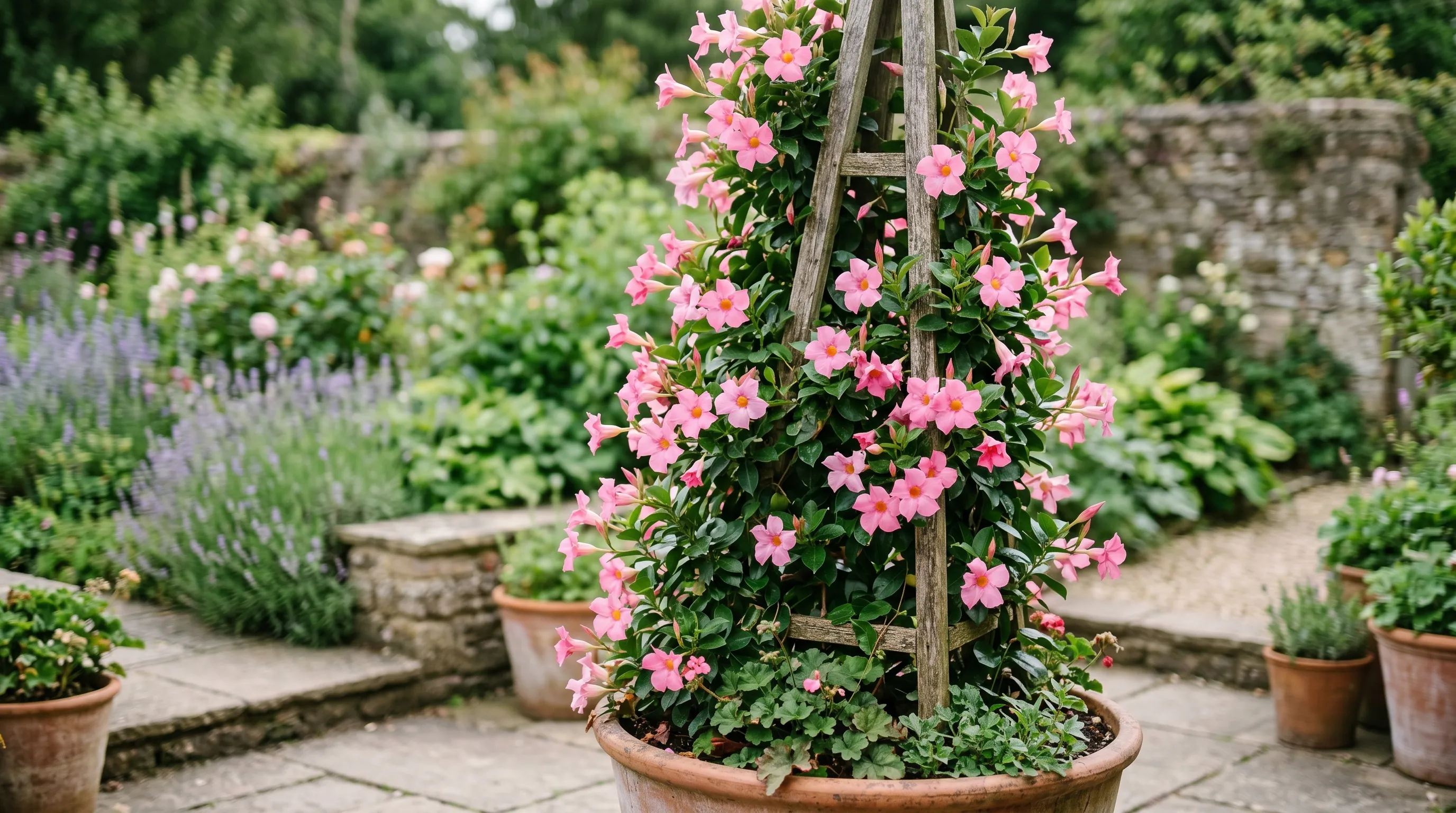 A UK patio container Mandevilla climbing a 1.8m wooden obelisk in full flower, the plant covered in dozens of pink trumpet flowers visible across the obelisk structure