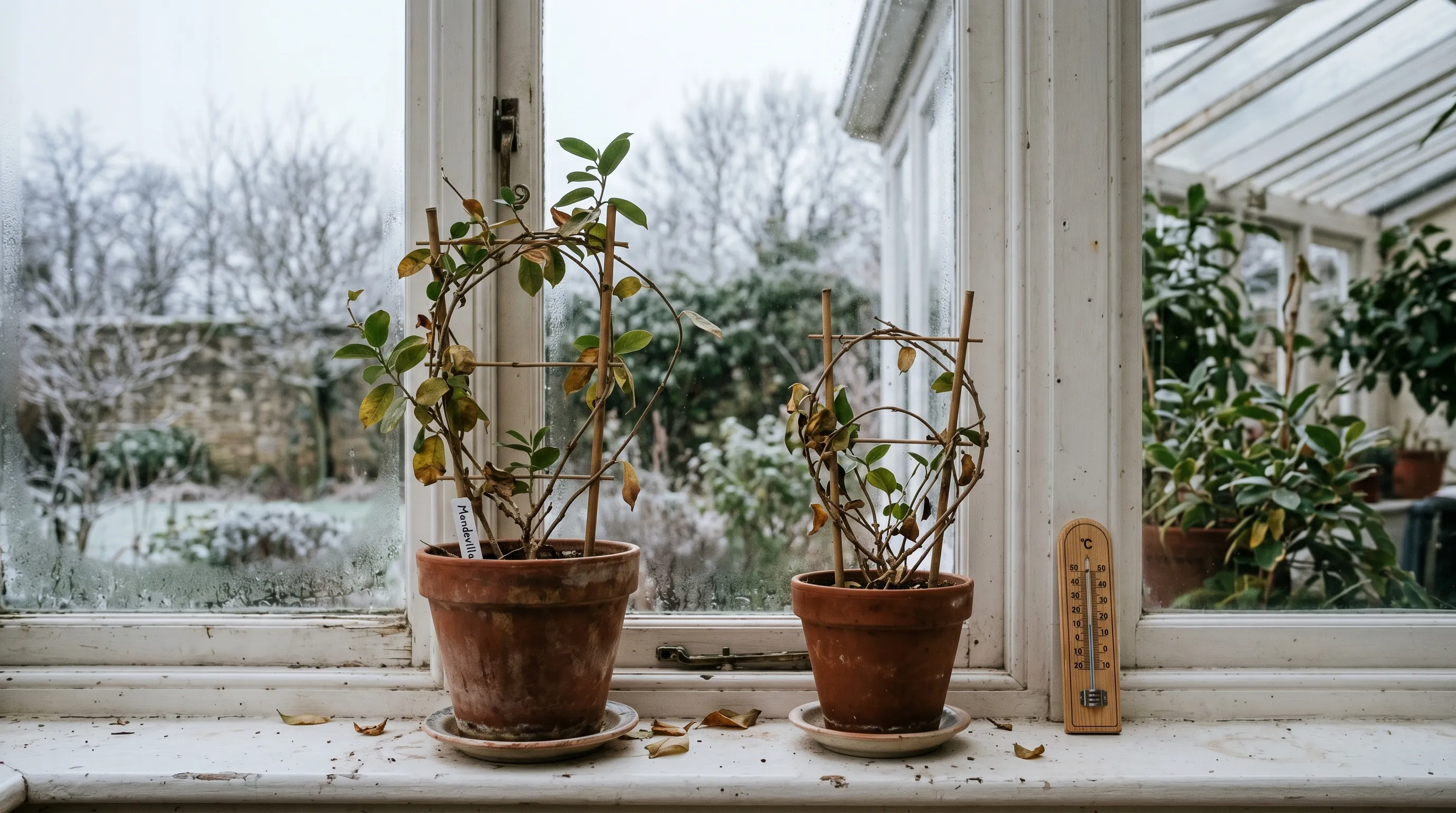 A UK conservatory windowsill showing two Mandevilla plants in winter rest, leaves partly dropped, with a small thermometer showing 14C and the plants set well back from the cold window glass