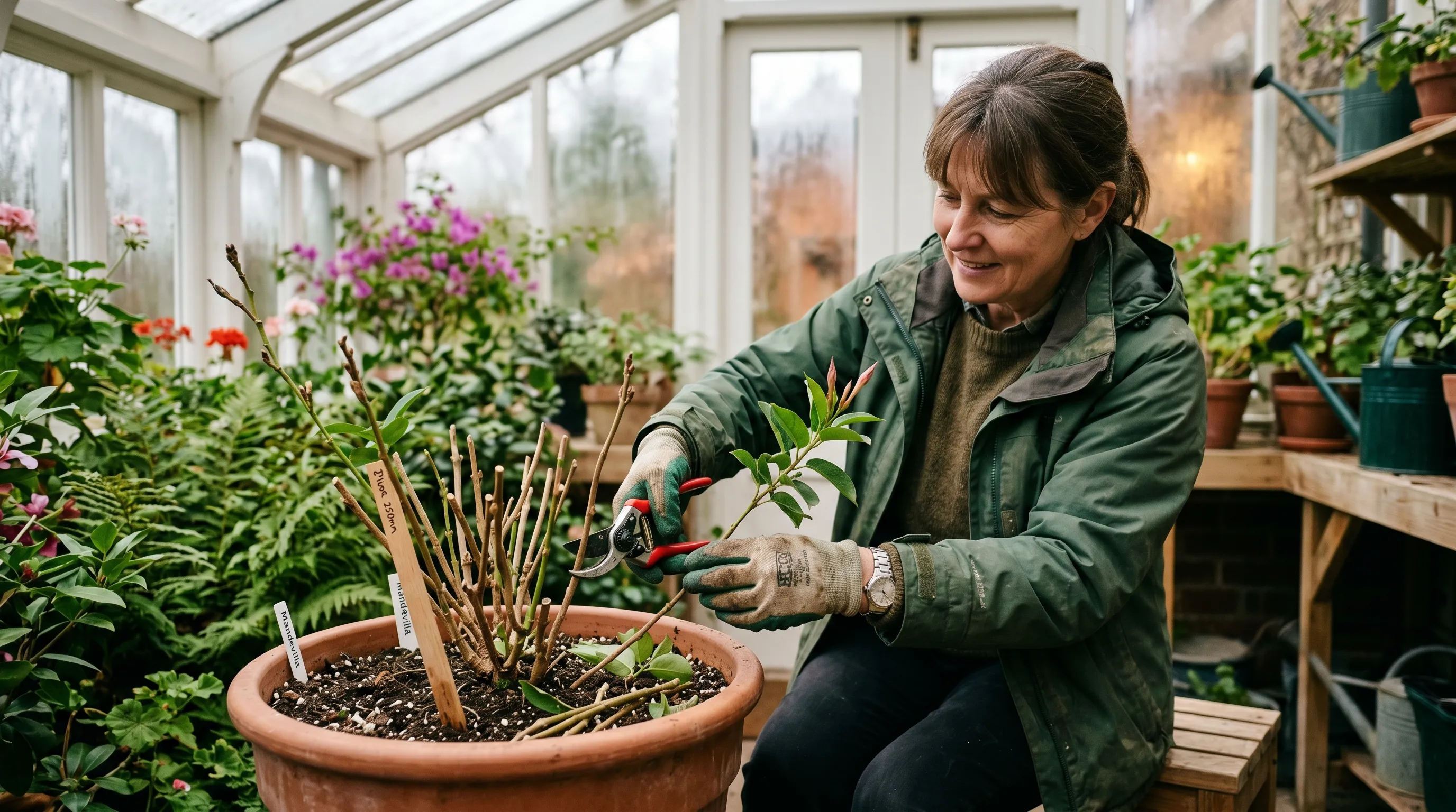 A UK gardener pruning a Mandevilla plant in early March with sharp secateurs, cutting all stems back to 250mm from the soil surface inside a heated conservatory