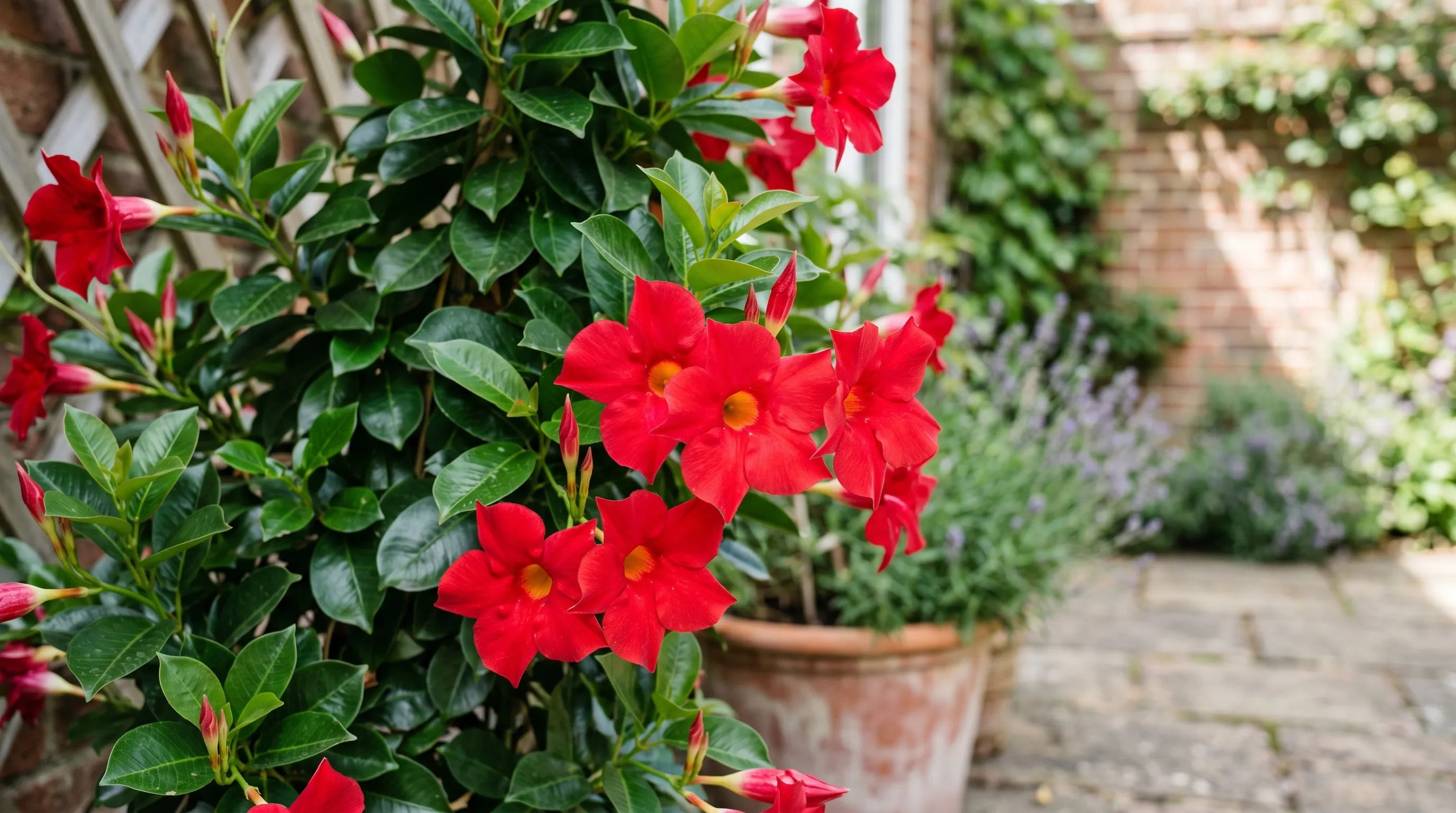 A close-up of Sundaville Red Mandevilla flowers in full bloom on a UK patio, showing the bright red trumpet shape with the dark green glossy foliage behind