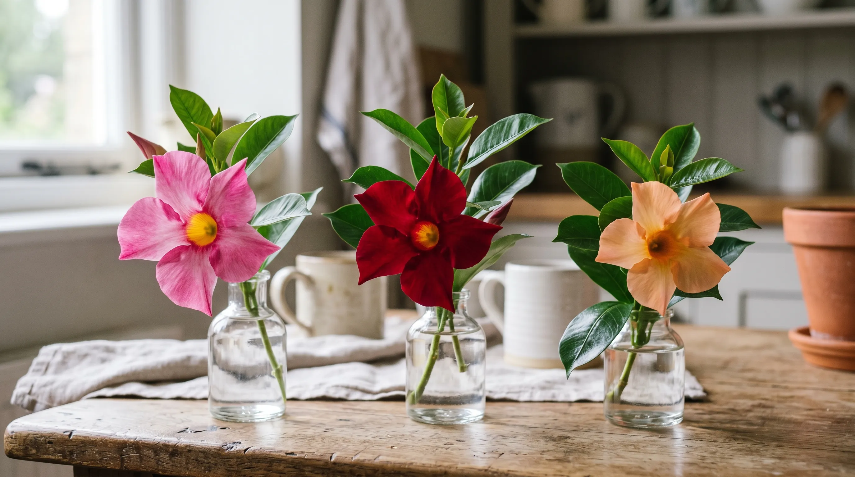 A diagnostic close-up of three Mandevilla flowers in three different varieties: pink Alice du Pont, red Sundaville and peach Apricot Sundaville displayed side by side on a UK kitchen table