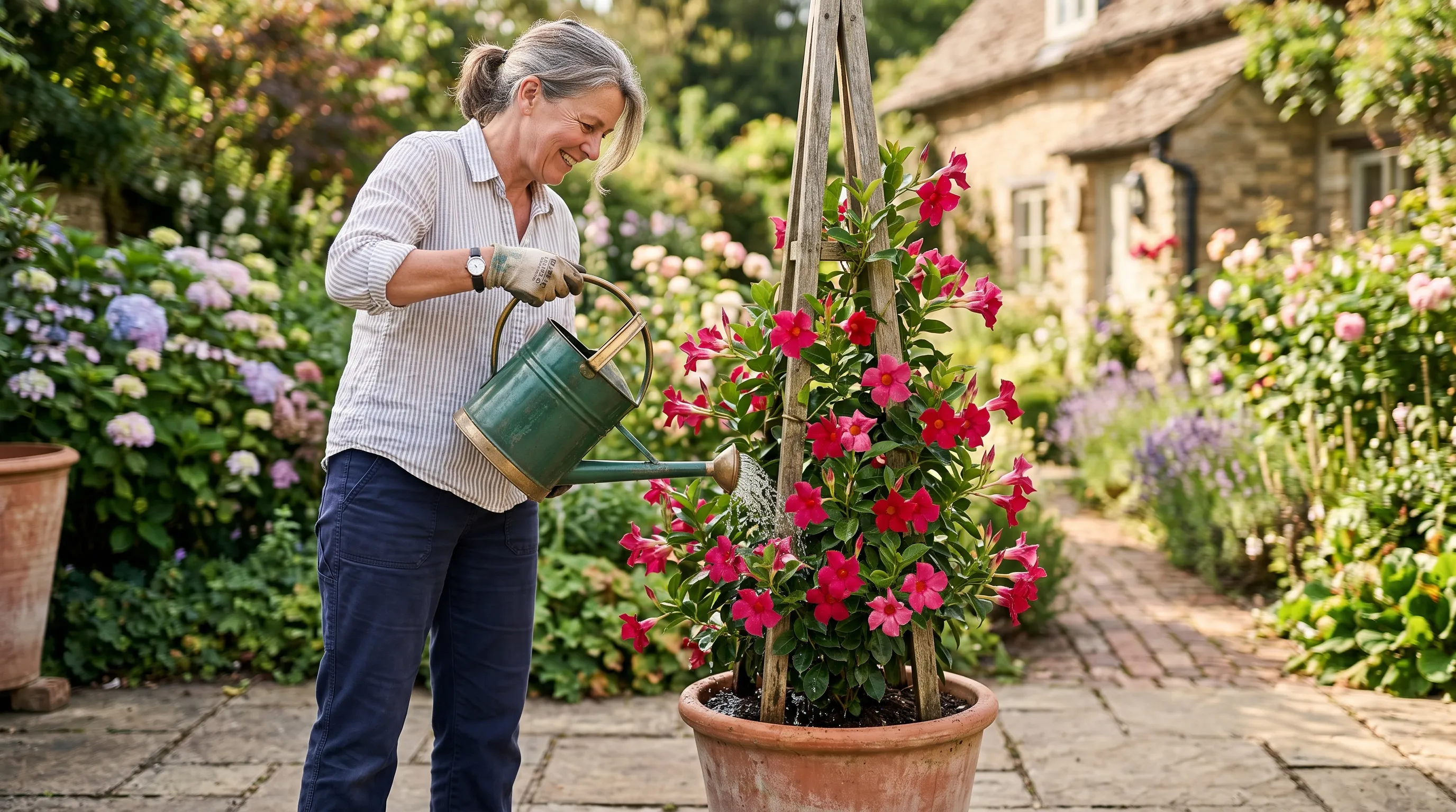 A UK gardener watering a Mandevilla container on a sunny patio with the watering can held above the soil level, the plant climbing a wooden obelisk in full flower