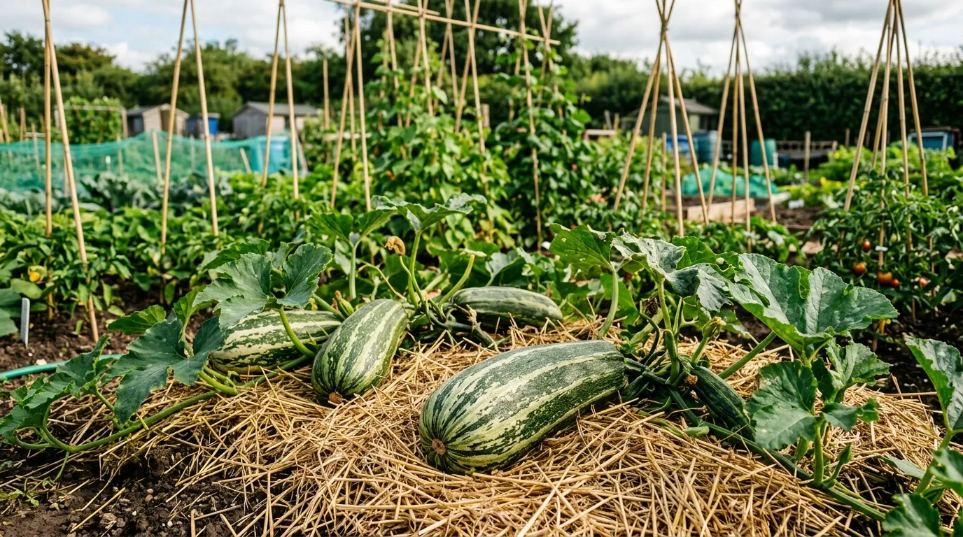 Large green striped marrows growing on straw mulch in a UK allotment vegetable patch