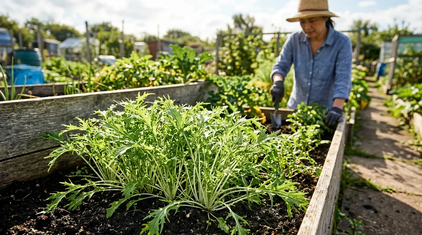 Mizuna leaves growing in a raised bed in a UK allotment garden with serrated green foliage