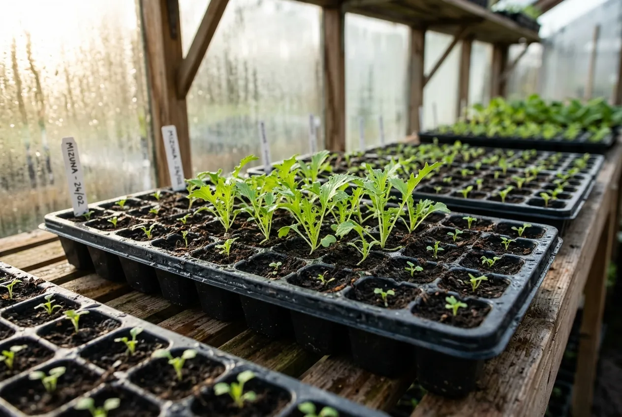 Mizuna seedlings emerging in module trays inside a UK greenhouse with morning light
