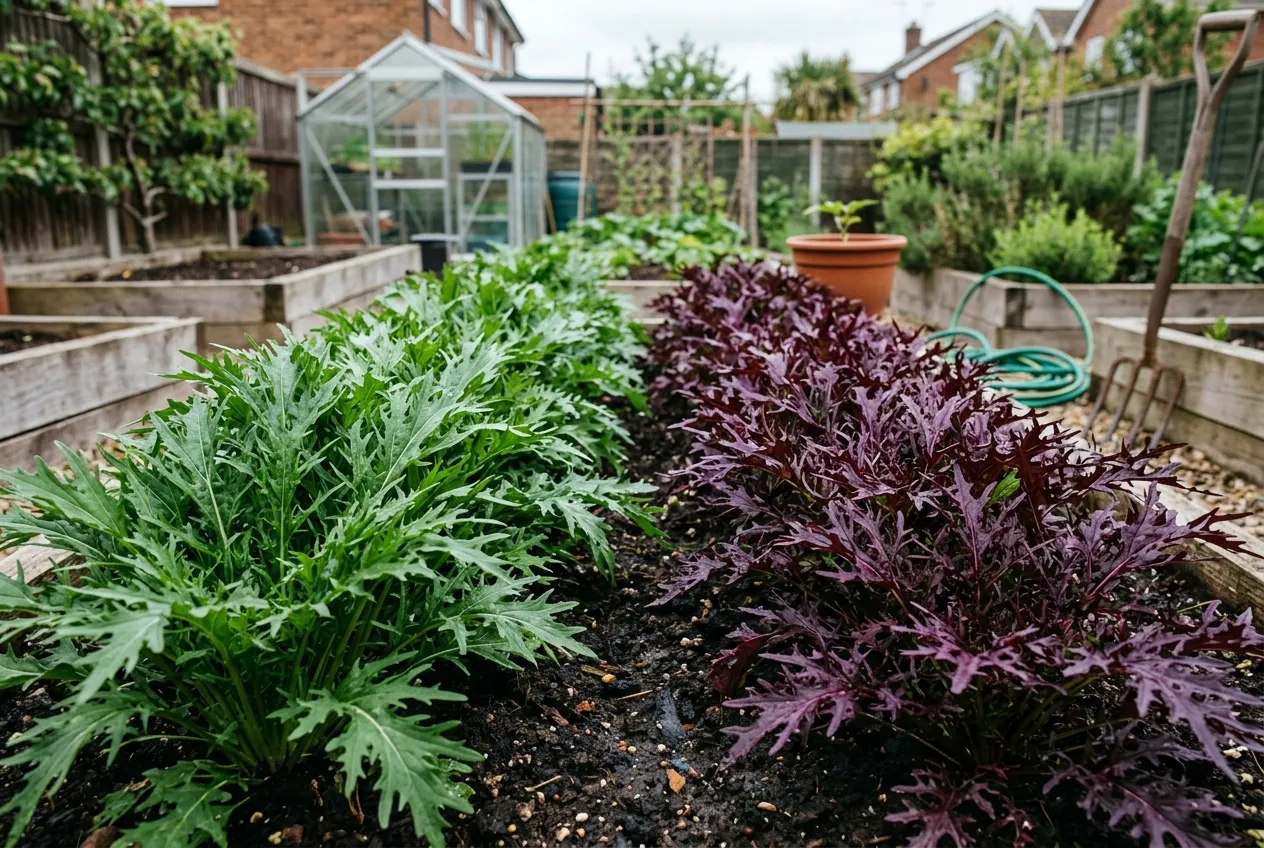 Green and purple mizuna varieties growing side by side in a UK vegetable garden
