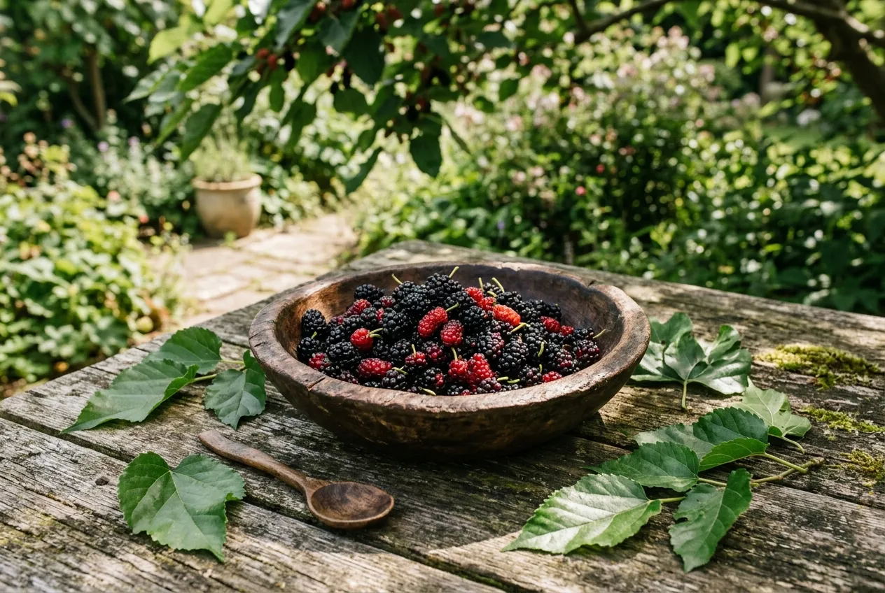 Freshly harvested mulberries in a rustic bowl on a garden table with mulberry leaves and dappled sunlight