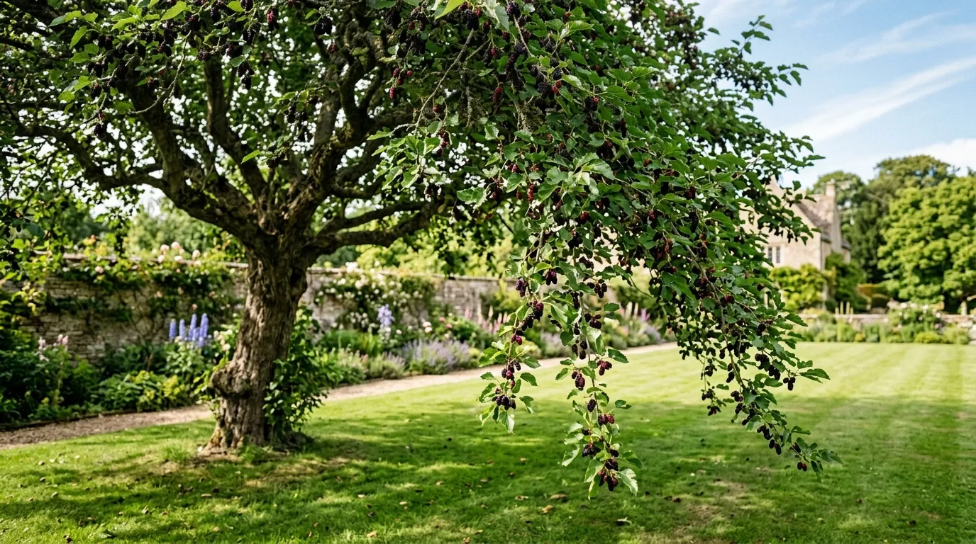 Mature mulberry tree laden with dark berries in an English country garden with stone wall and lawn