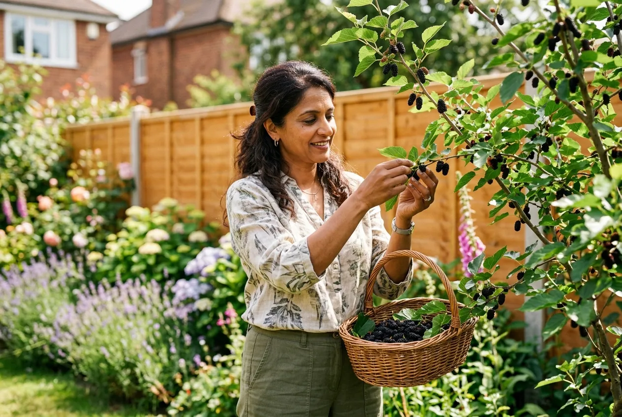 Gardener picking ripe mulberries from a mulberry tree in a suburban UK garden with a wicker basket
