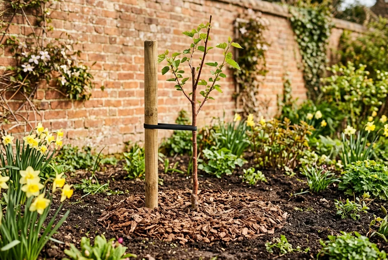 Young mulberry tree staked and mulched after planting in a UK garden with brick wall and spring daffodils