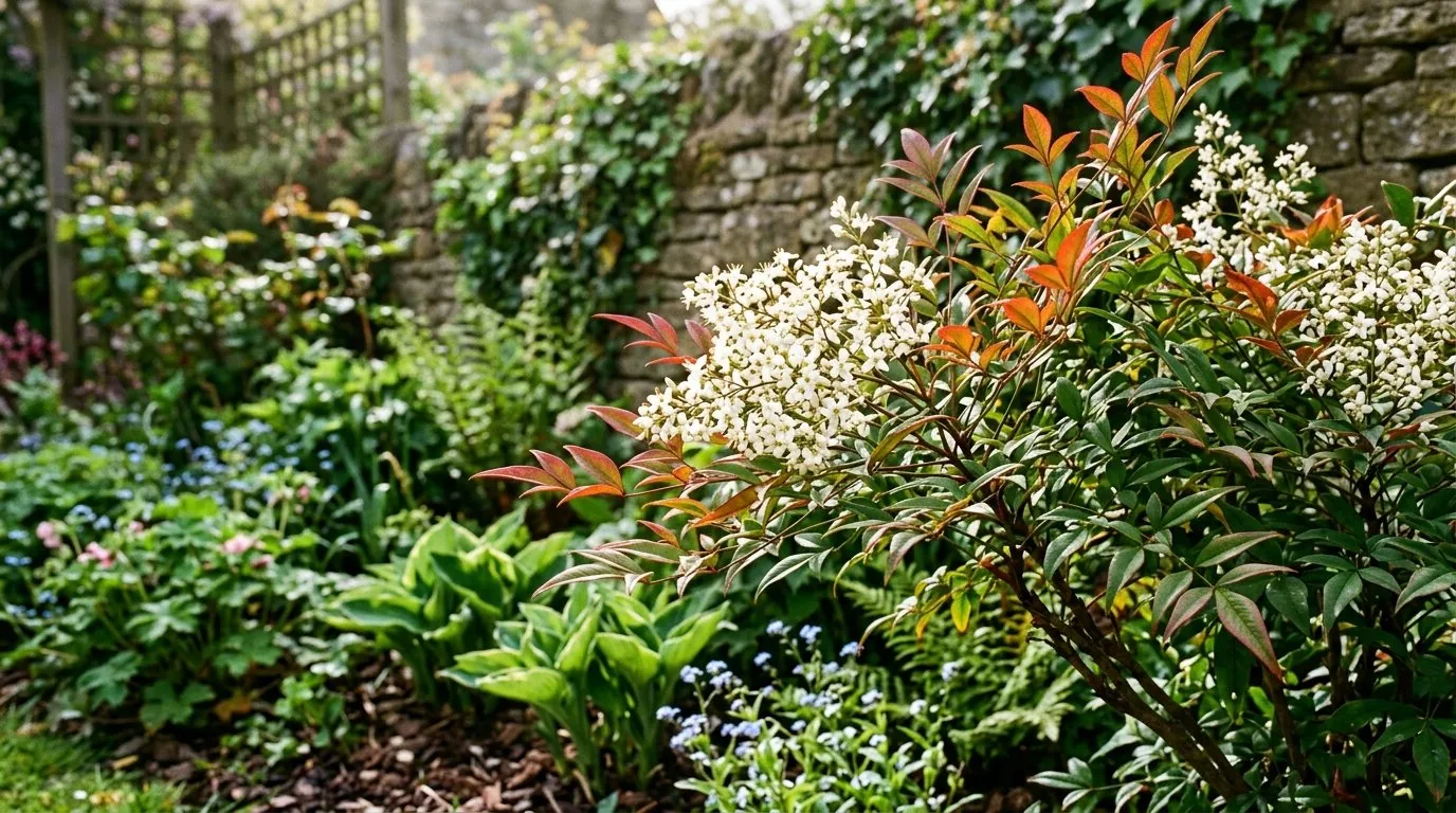 Nandina domestica heavenly bamboo with red-tinted growth in a sheltered British garden