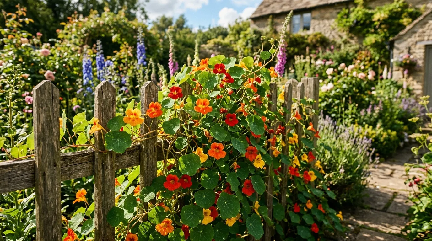 Nasturtiums in orange red and yellow climbing a rustic wooden fence in a UK cottage garden